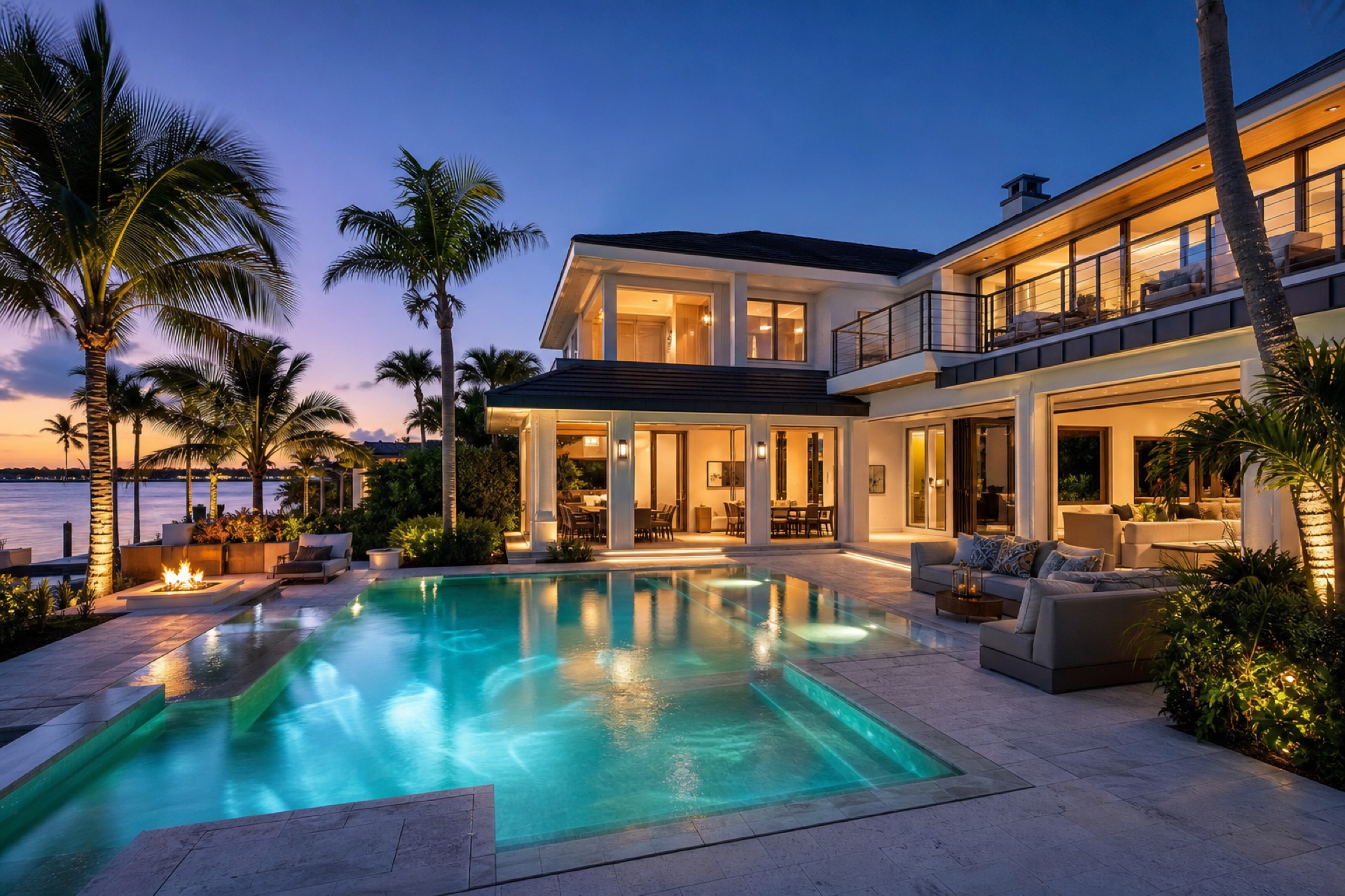 Luxury Florida vacation home with private pool at dusk